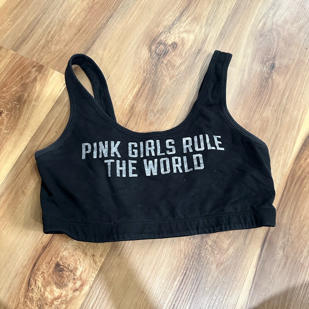 PINK VICTORIAS SECRET BLACK UNPADDED SPORTS BRA “PINK GIRLS RULE THE WORLD”